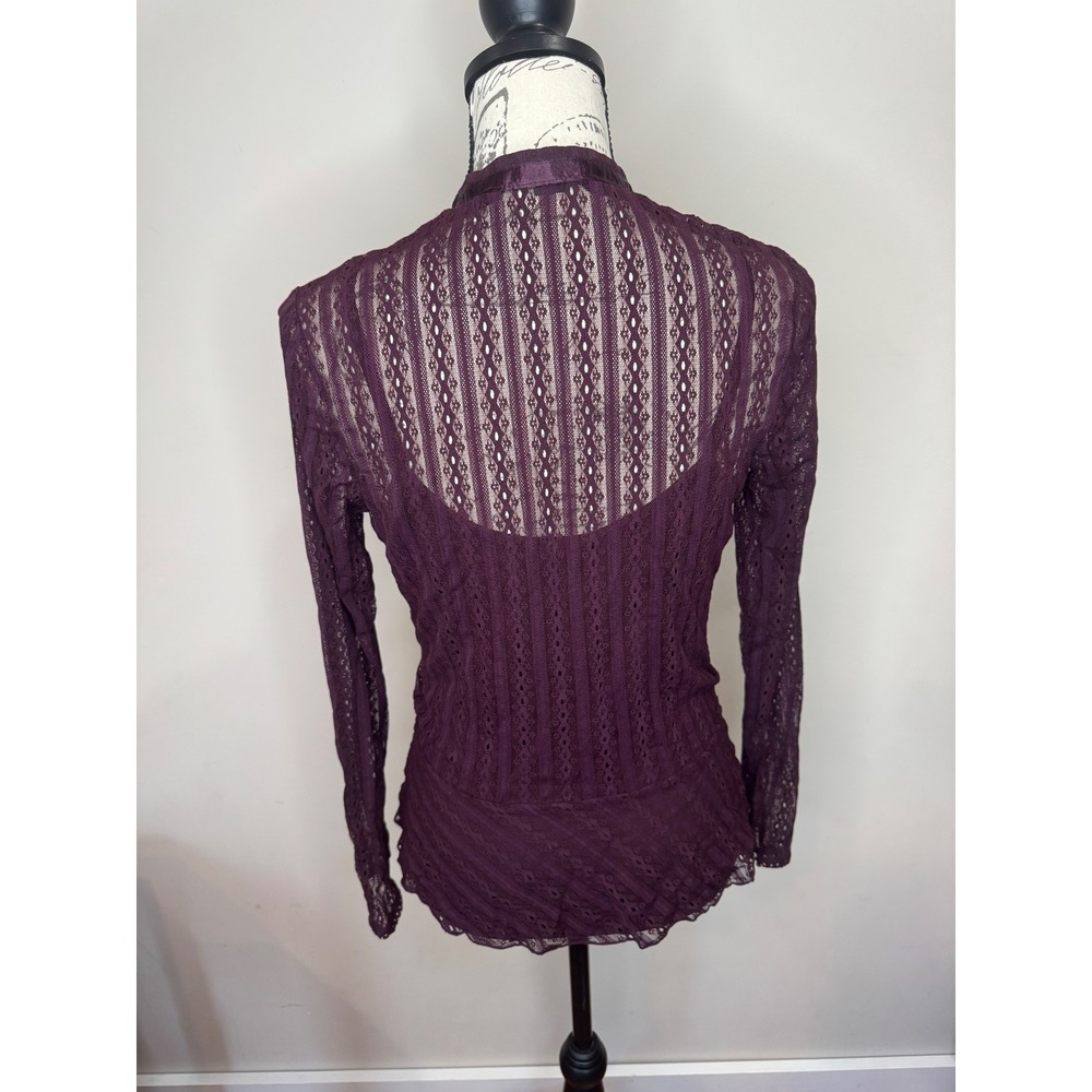 Y2K Gothic Victorian revival long sleeve blouse lace high collar sz M purple INC - Picture 3 of 4